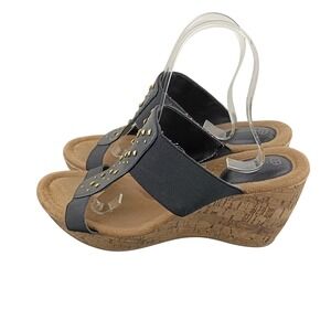 Giani Bernini Womens Studded Cork Wedge Sandals Black T-Strap Slides Size 9.5